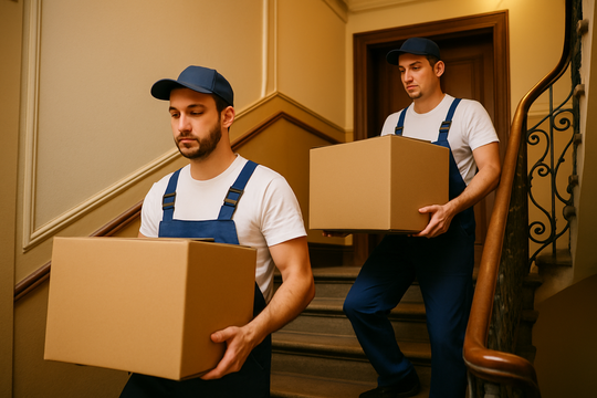 Umzugshelfer tragen Kartons in Dresdner Wohnung